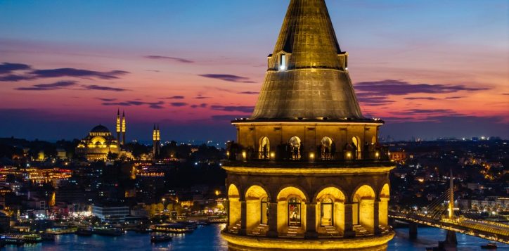 galatatowerandstreetinthesunsettimedronephoto