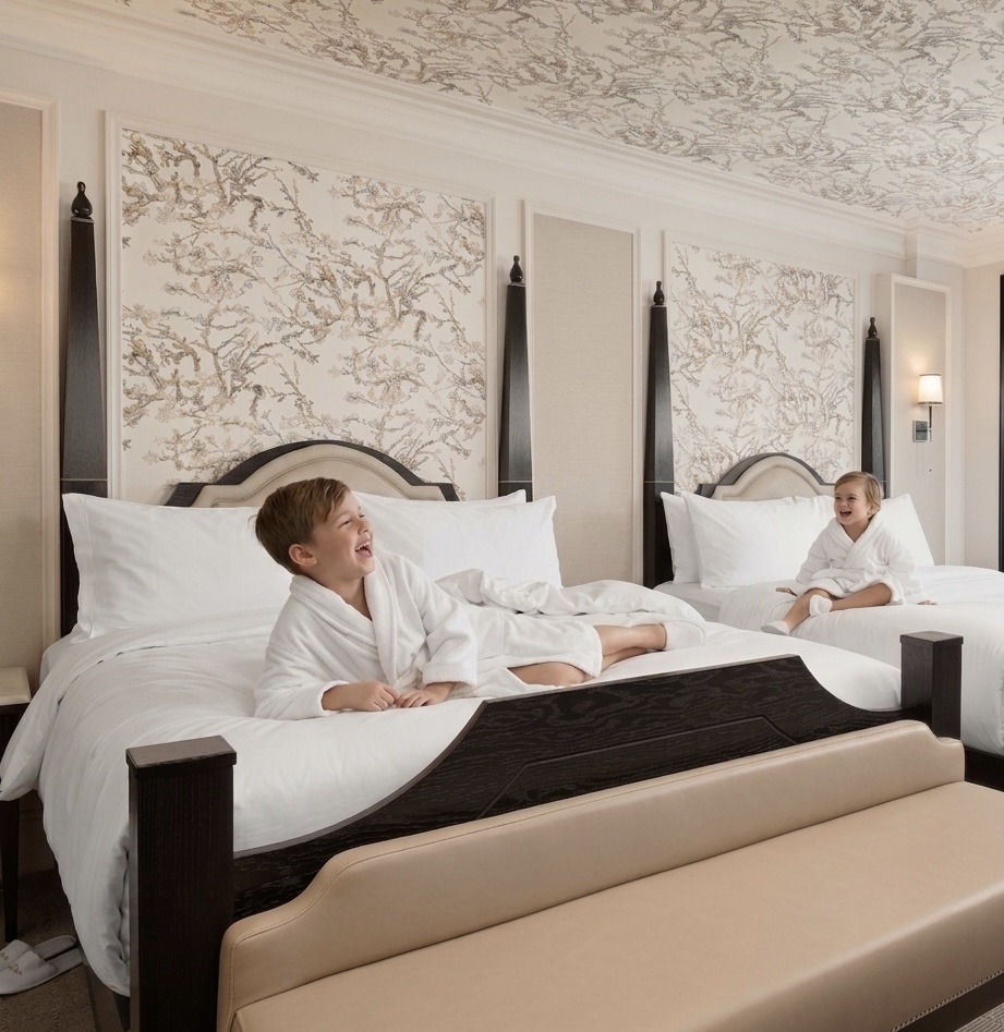Families at Fairmont Two children in robes laughing on hotel beds