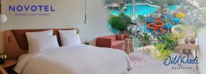 Banner with image of a hotel room at Novotel JVT and the Wild Wadi, outdoor waterpark in Dubai.